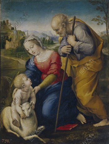 骑着羊的孩子和母亲老人图片