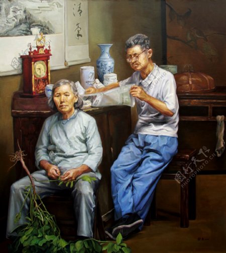 老年夫妻油画写生图片