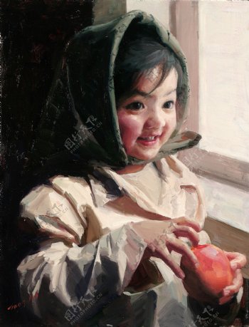 手拿苹果的小女孩肖像画图片