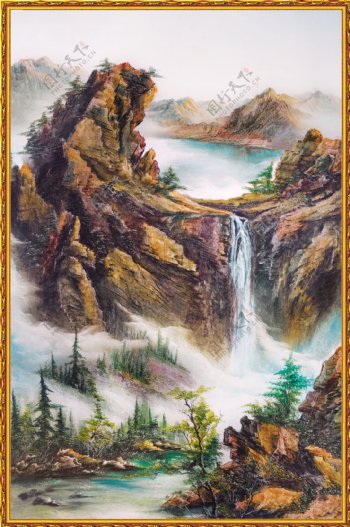 山与瀑布油画图片