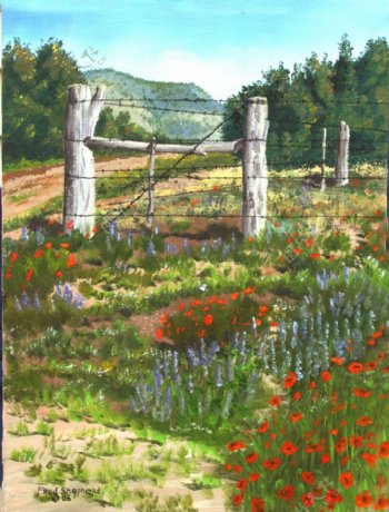 栅栏与鲜花风景油画图片