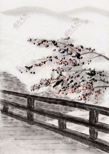 水墨风景索桥上的春色图片图片
