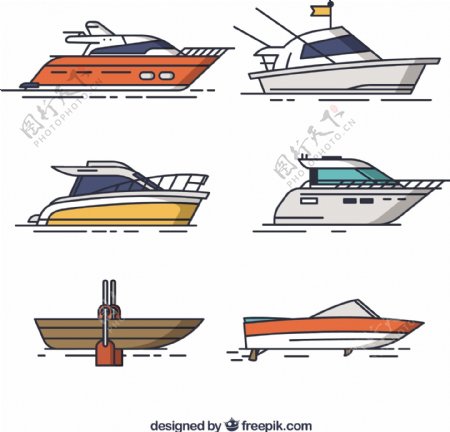 手绘风格几条游艇平面设计图标素材