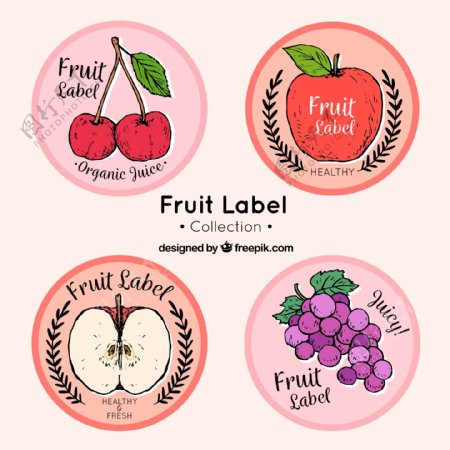 四个手绘水果圆形标签图标
