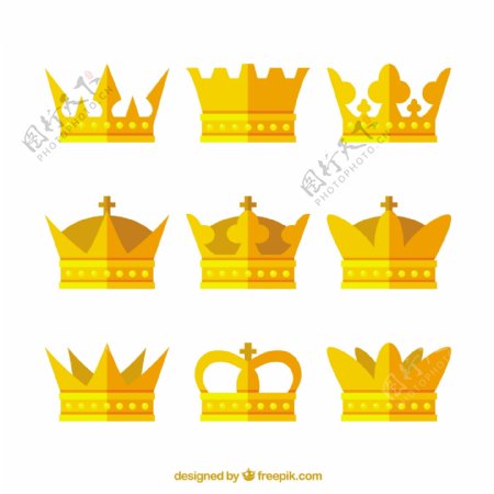 九个创意金色皇冠扁平风格图标