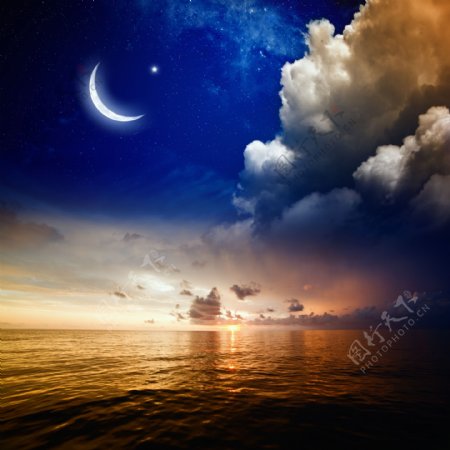 日落海面风景与星星月亮
