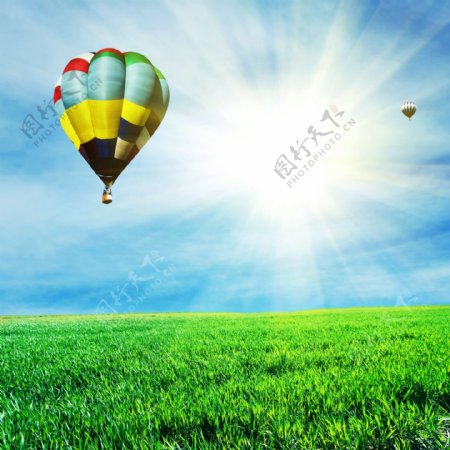 阳光下草地上的热气球