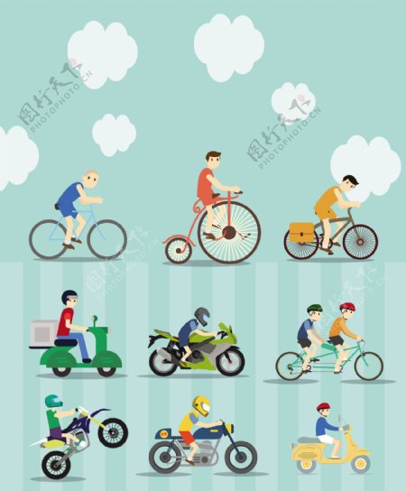 自行车和摩托车矢量插图与各种风格自由向量