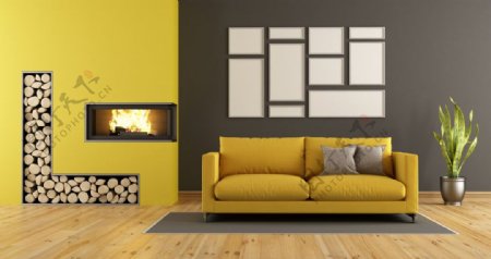 黄色沙发壁画效果图图片