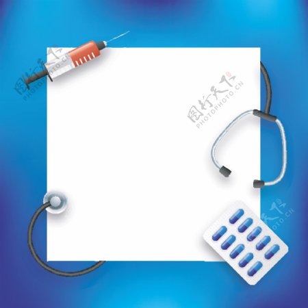 带听诊器注射器和胶囊的空白白纸有医学背景的空白文本