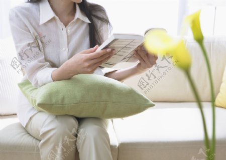 坐在沙发上看书的休闲美女图片