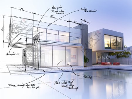 3D别墅与图纸图片