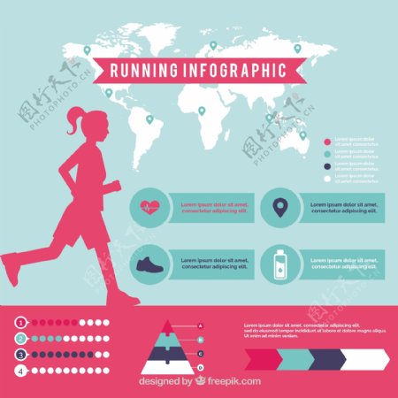 女孩跑步剪影信息图世界地图背景