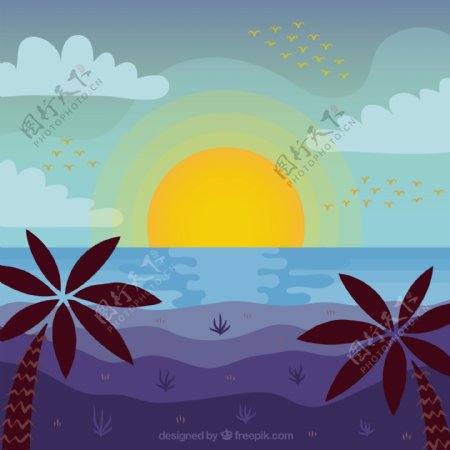日落时分的棕榈树海滩