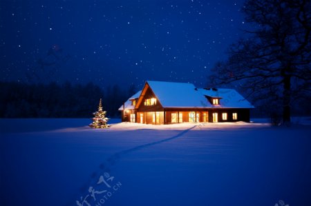 雪地上的房子图片