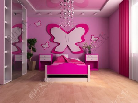 粉红卧房装潢设计图片