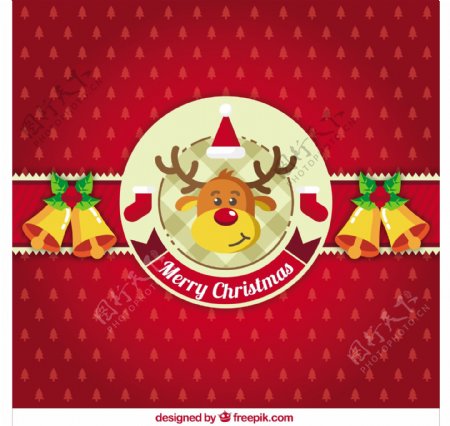 红色圣诞背景与装饰驯鹿