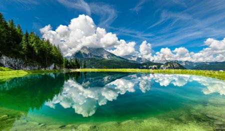 蓝天白云与湖泊风景图片