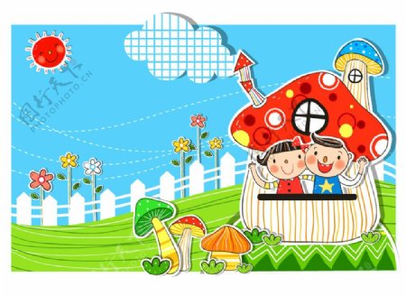 蘑菇房子韩风卡通儿童矢量素材