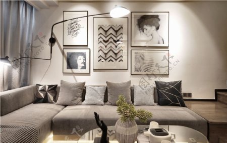 现代简约客厅茶几沙发背景墙设计图