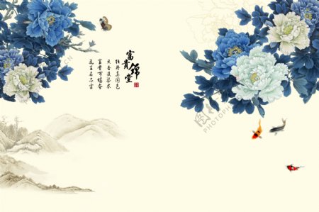 蓝色牡丹花卉背景墙