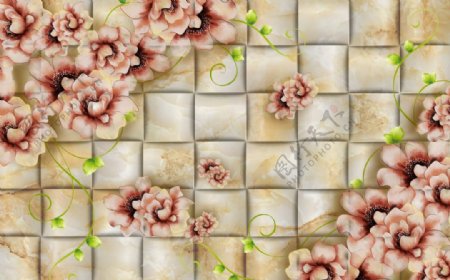立体方格子背景花卉装饰画