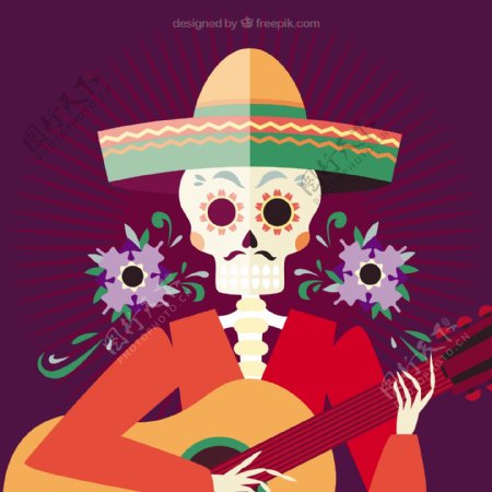 墨西哥骷髅头戴帽子和吉他的背景