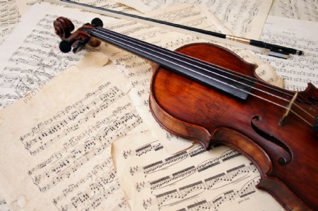 小提琴与乐谱特写图片