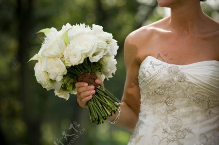 捧着白色花朵的新娘图片
