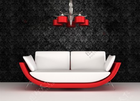 红色水晶吊灯和沙发椅效果图图片