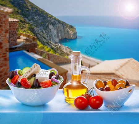 希腊爱情海风景与食物图片