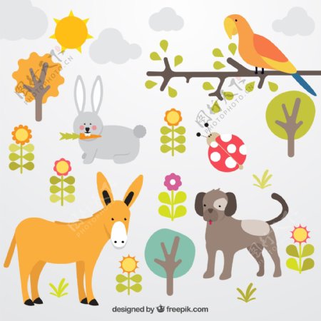 卡通植物与动物插画矢量图