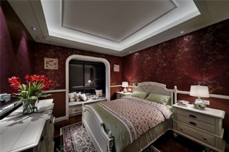 美式时尚卧室大床背景墙设计图