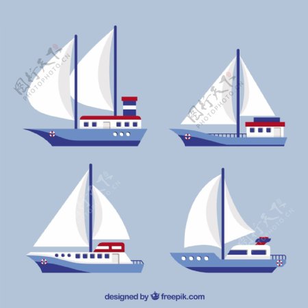 手绘四艘帆船平面设计插图