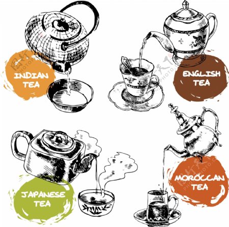 4款手绘茶壶设计矢量素材
