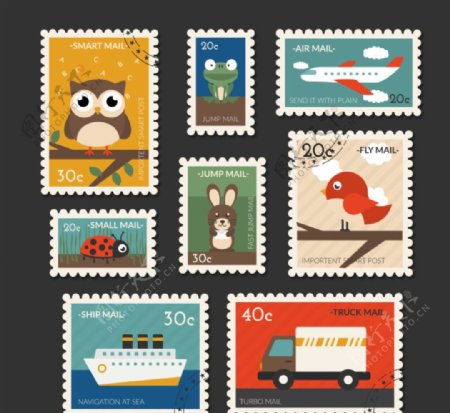 旅行与动物邮票矢量素材