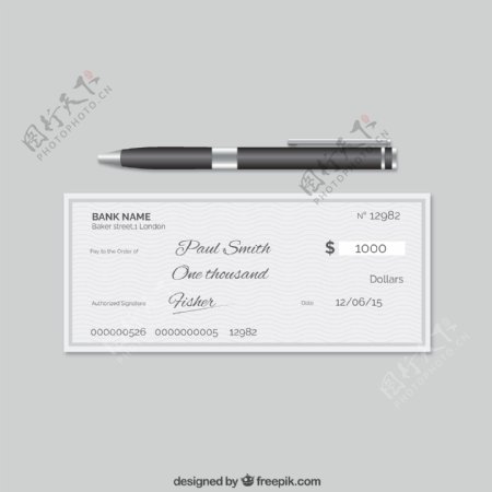 银行支票和签字笔矢量素材
