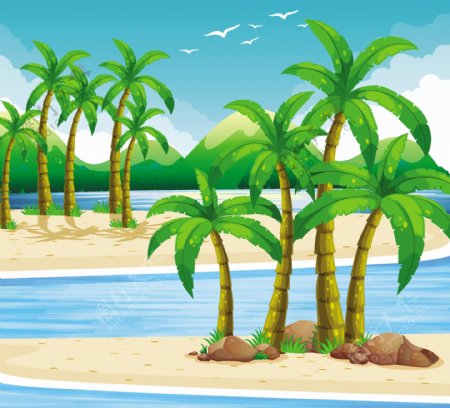 海滩景色棕榈树插图