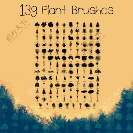139种植物树木小草草丛灌木图形PS笔刷素材下载