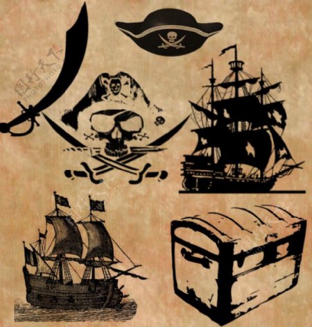海盗船藏宝箱海盗帽海盗骷髅头等元素photoshop笔刷