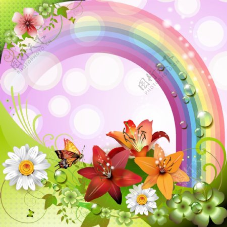 鲜花与彩虹背景