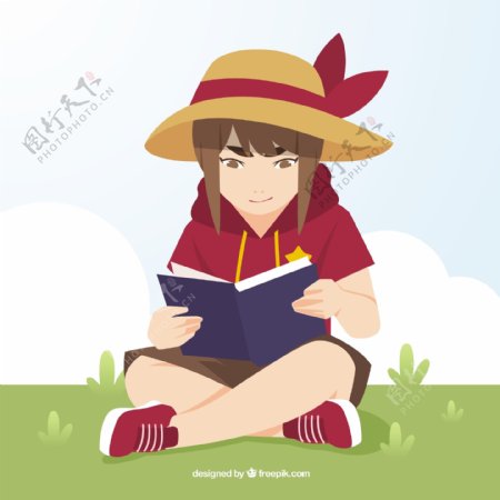 戴着帽子在公园看书的女孩