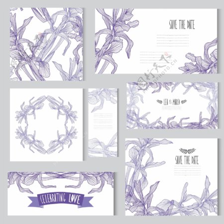 紫色植物花朵婚礼卡片模板