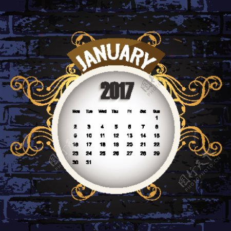 2017年砖墙背景日历
