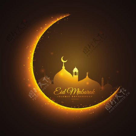 金色的月亮和清真寺开斋节的背景