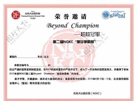 第二届NGKC皇冠争霸赛荣誉邀请证书