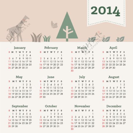 2014日历与自然元素的头