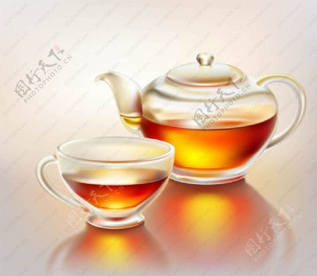 矢量写实透明玻璃茶壶茶杯EPS素材下载