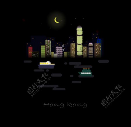 香港夜景扁平风景矢量插画