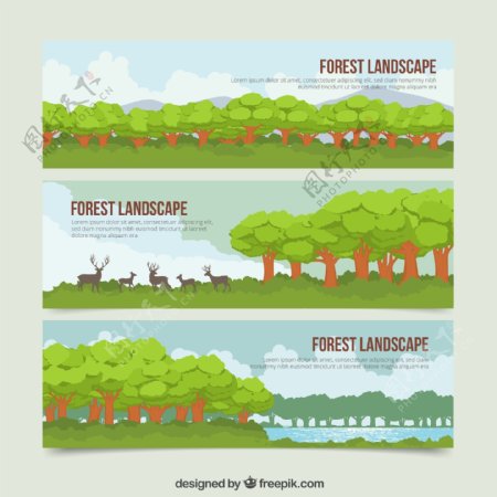 3款绿意森林风景和鹿banner矢量素材
